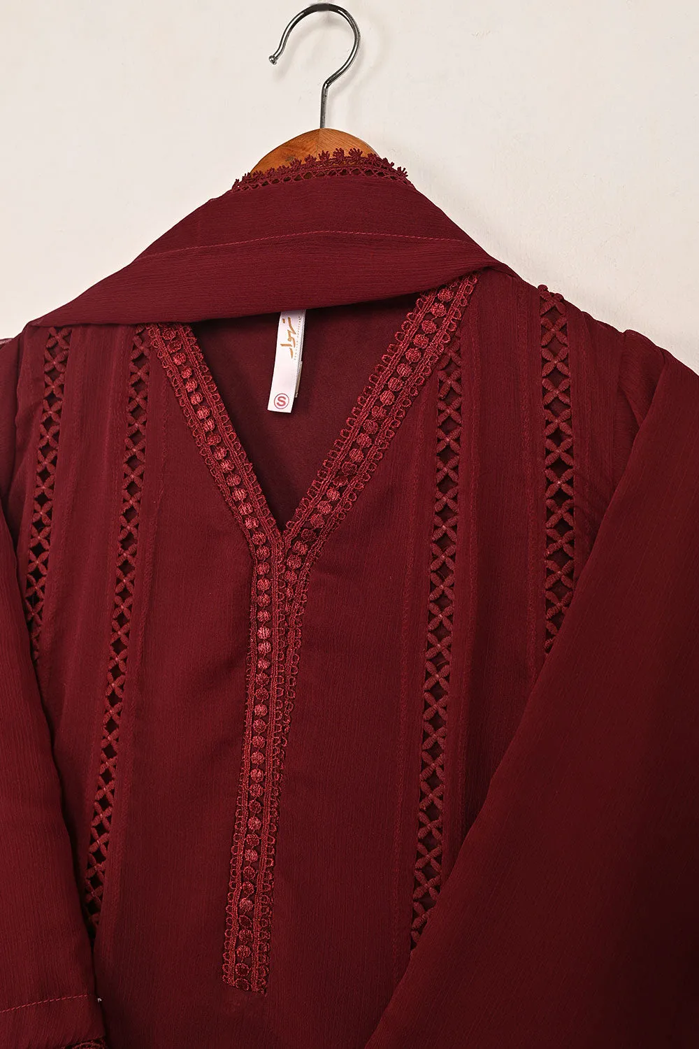 RTW-195-Maroon -  3Pc Ready To Wear Chiffon Frock