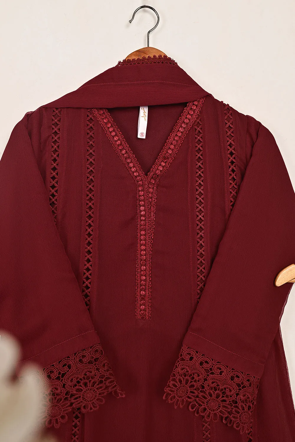 RTW-195-Maroon -  3Pc Ready To Wear Chiffon Frock