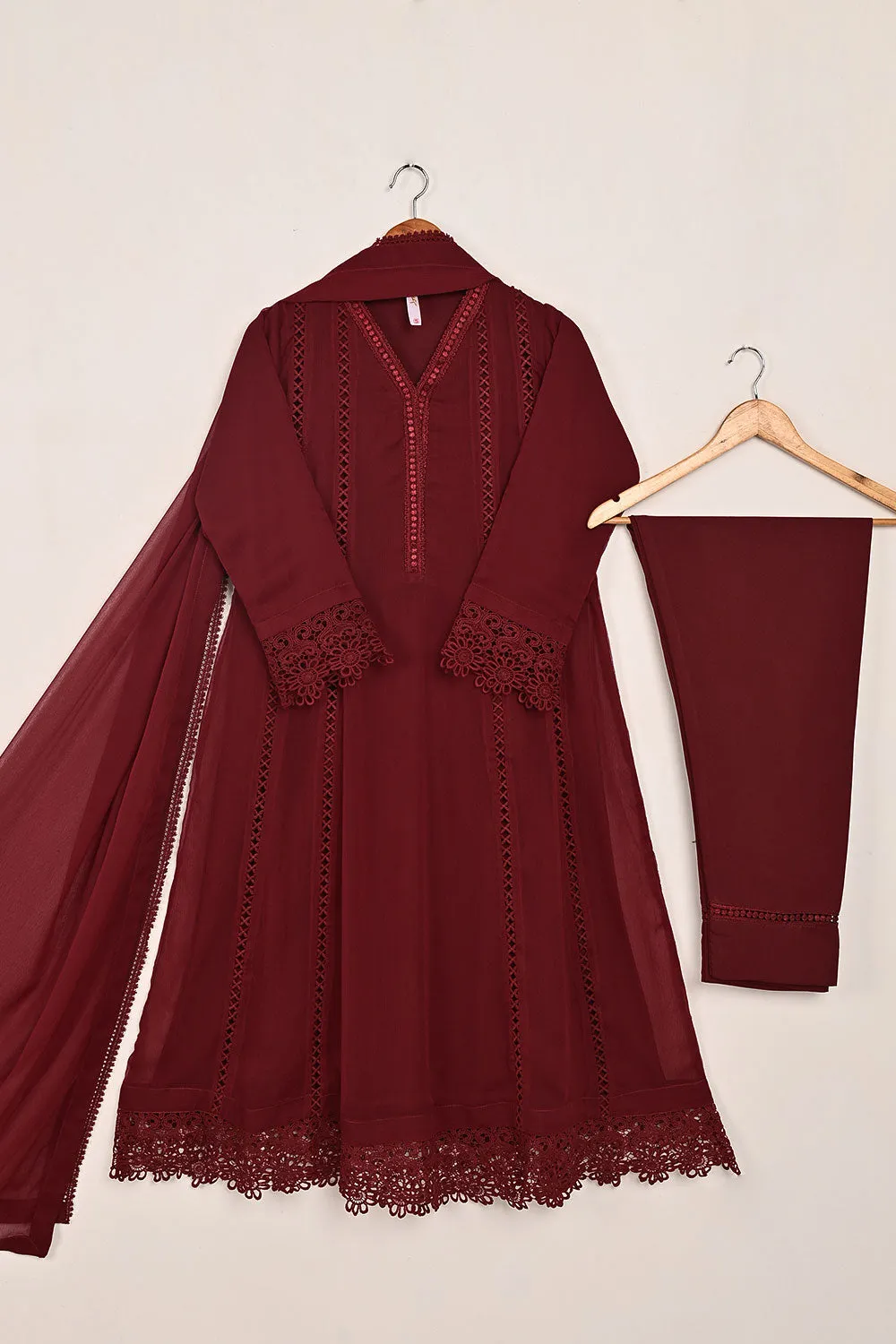 RTW-195-Maroon -  3Pc Ready To Wear Chiffon Frock