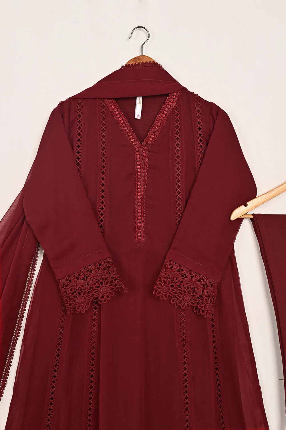 RTW-195-Maroon -  3Pc Ready To Wear Chiffon Frock
