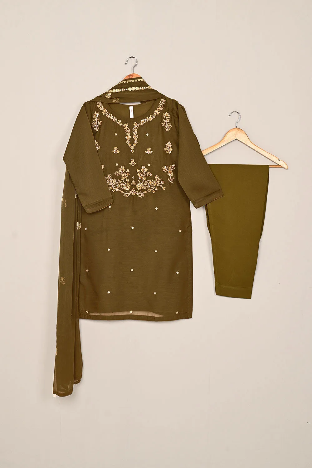 RTW-198-Brown - 3Pc Ready to Wear Embroidered Adda Work Chiffon Dress