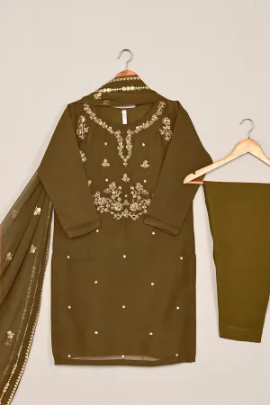 RTW-198-Brown - 3Pc Ready to Wear Embroidered Adda Work Chiffon Dress