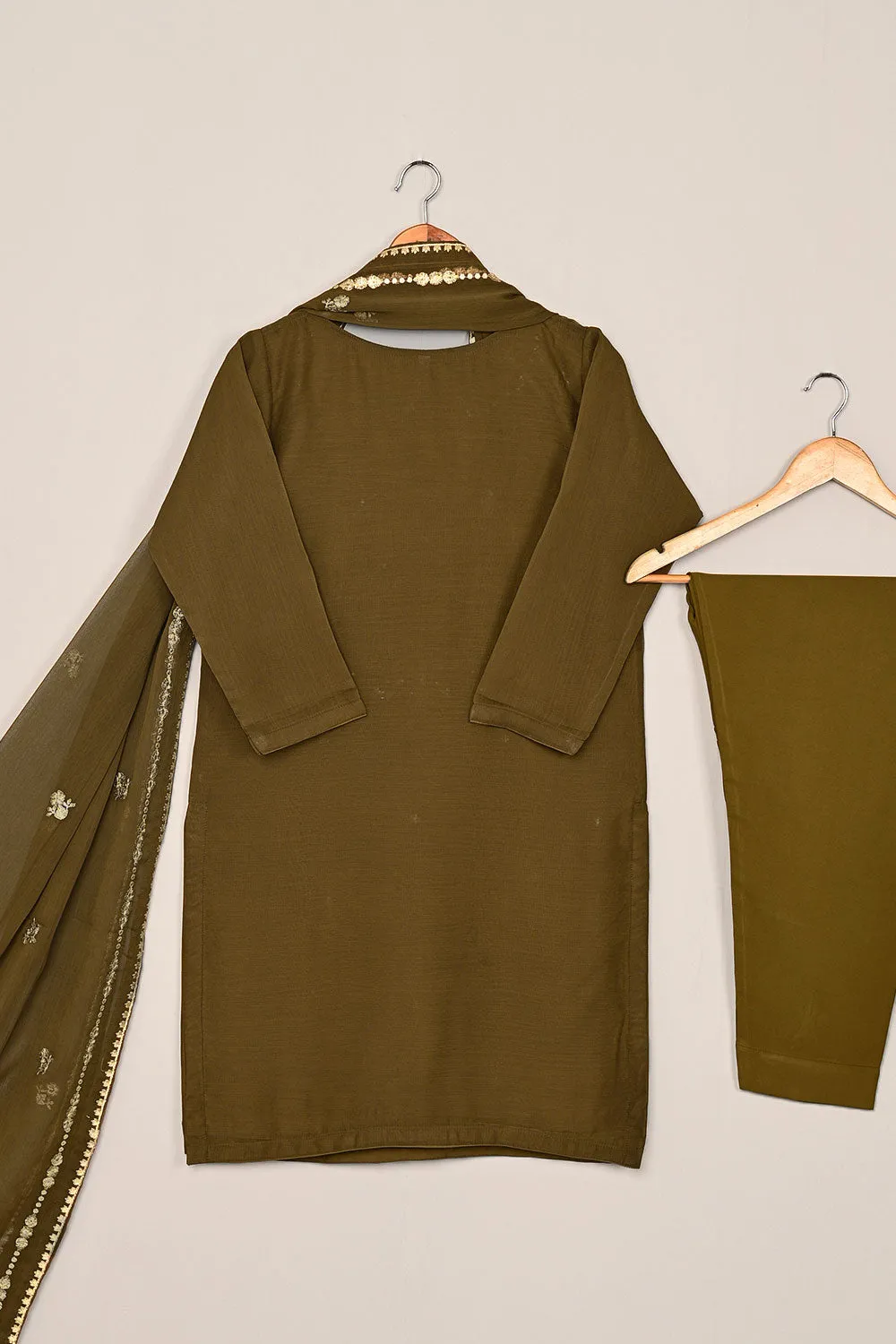 RTW-198-Brown - 3Pc Ready to Wear Embroidered Adda Work Chiffon Dress