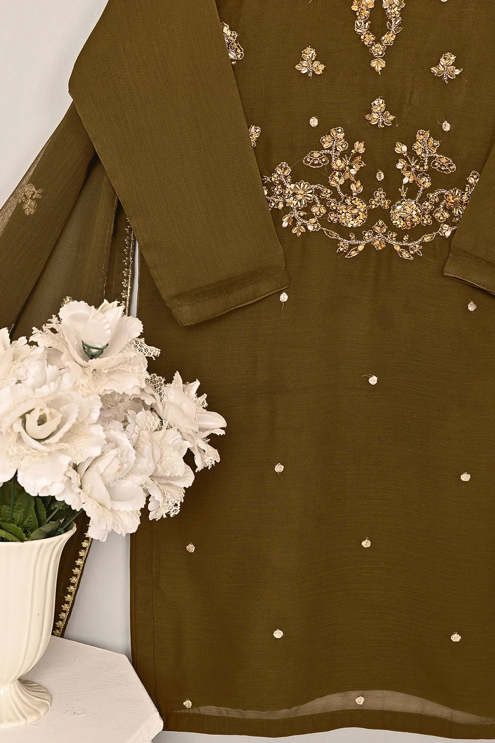RTW-198-Brown - 3Pc Ready to Wear Embroidered Adda Work Chiffon Dress
