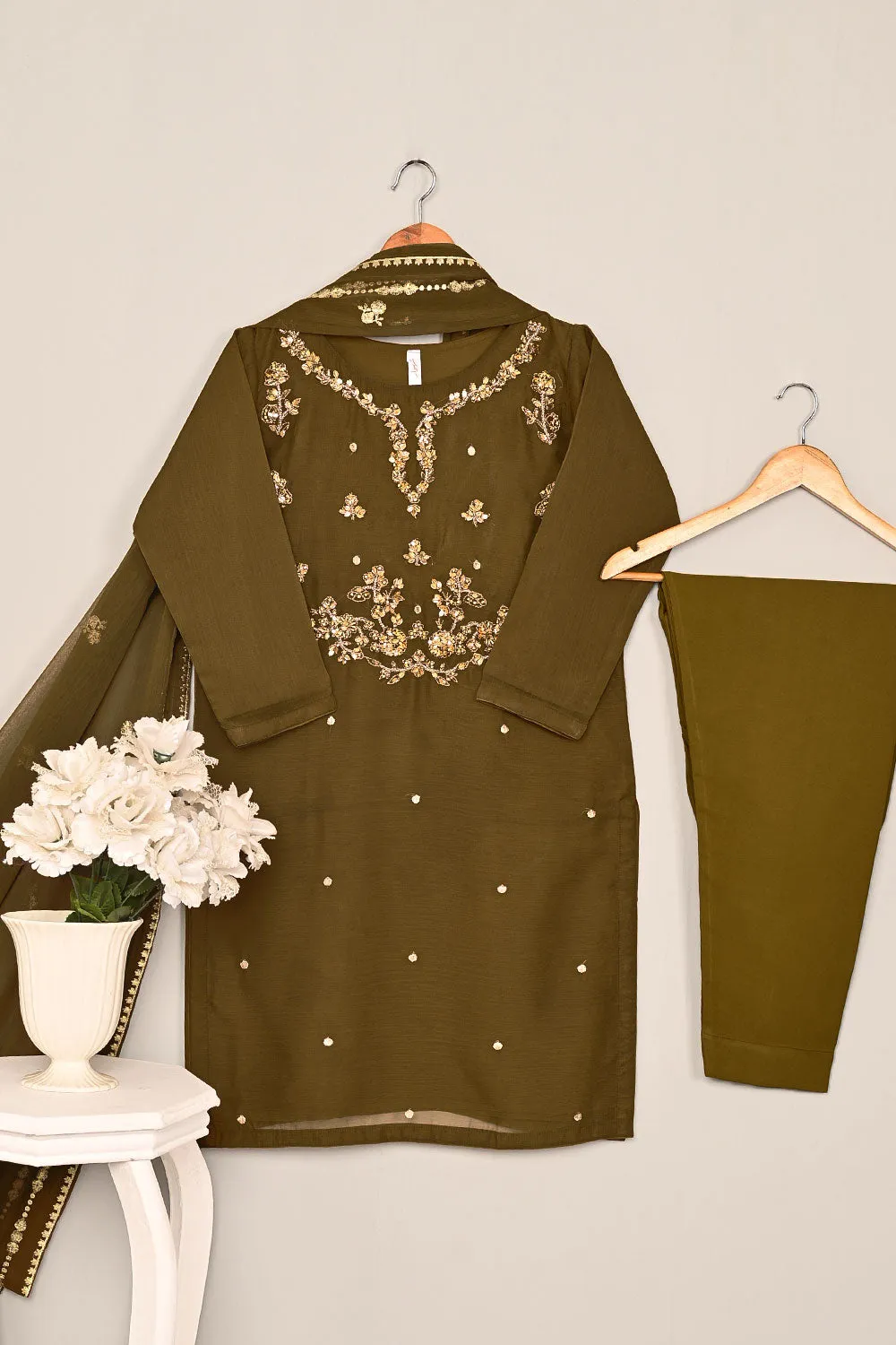 RTW-198-Brown - 3Pc Ready to Wear Embroidered Adda Work Chiffon Dress
