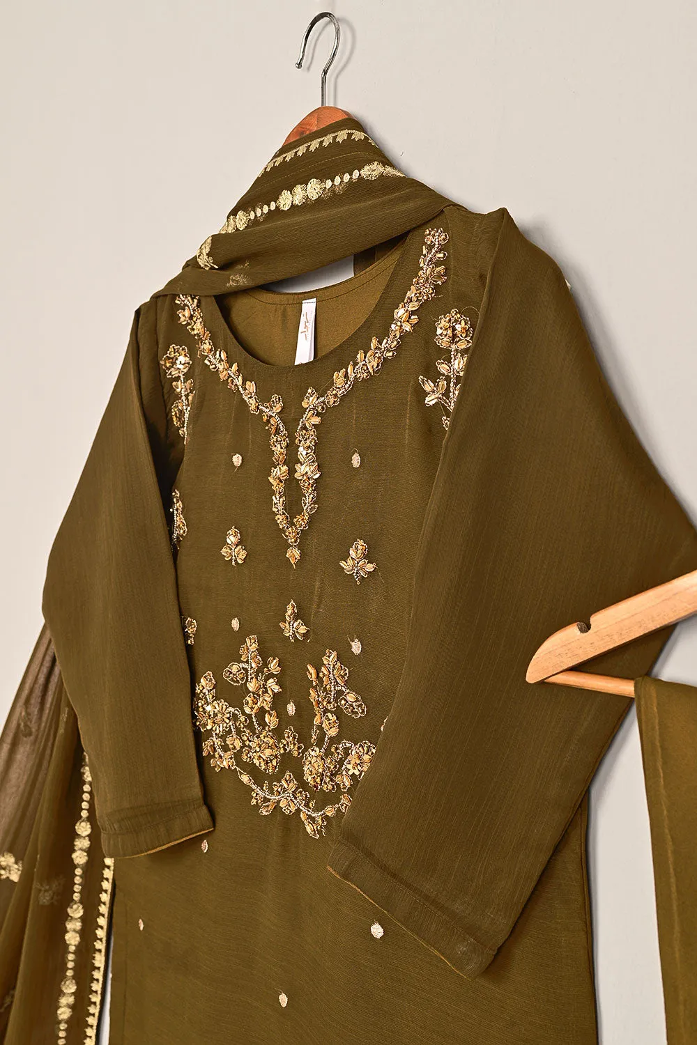 RTW-198-Brown - 3Pc Ready to Wear Embroidered Adda Work Chiffon Dress