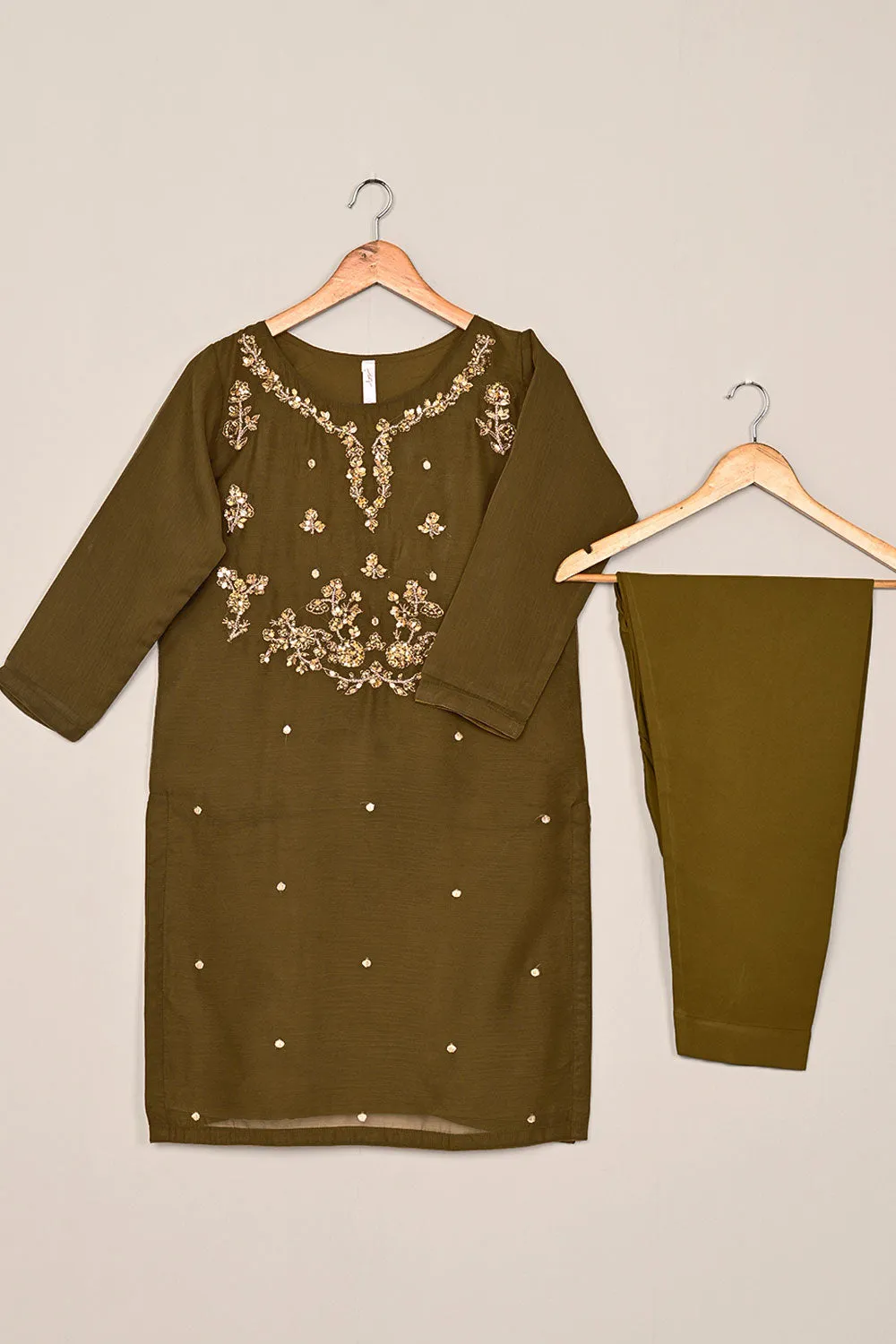 RTW-198-Brown - 3Pc Ready to Wear Embroidered Adda Work Chiffon Dress