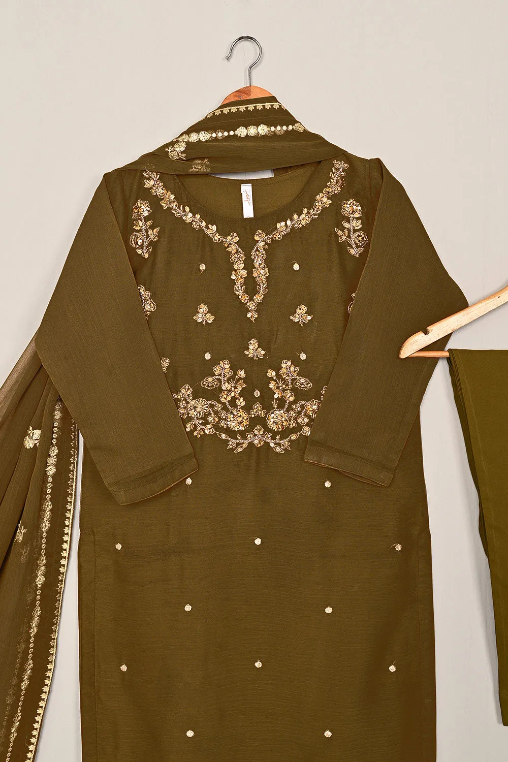 RTW-198-Brown - 3Pc Ready to Wear Embroidered Adda Work Chiffon Dress
