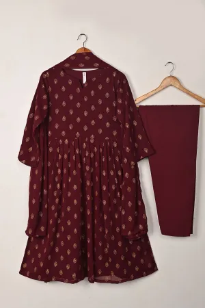 RTW-296-Maroon -  3Pc Ready to Wear Printed Chiffon Frock