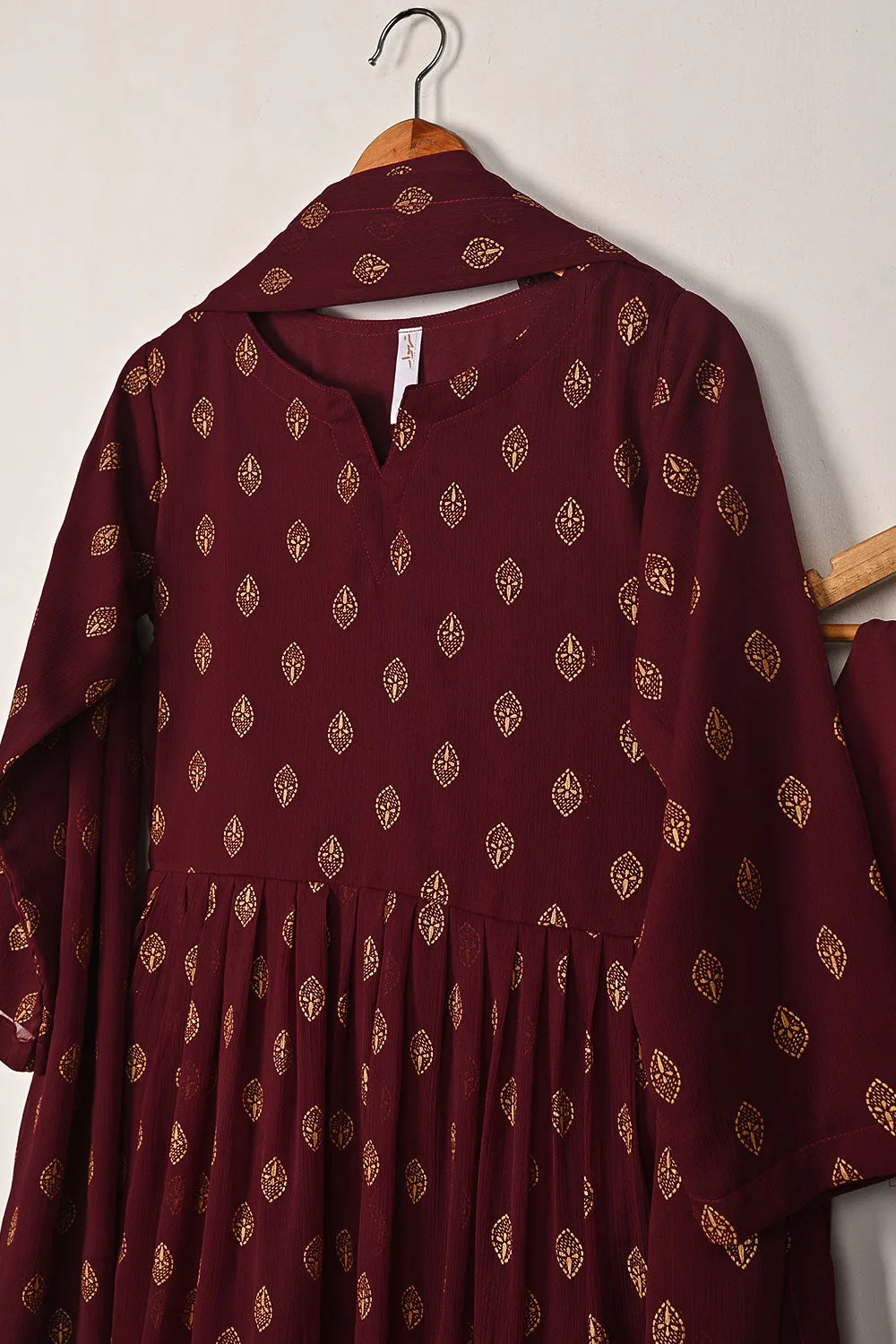 RTW-296-Maroon -  3Pc Ready to Wear Printed Chiffon Frock
