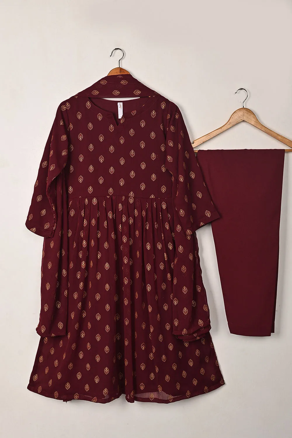 RTW-296-Maroon -  3Pc Ready to Wear Printed Chiffon Frock
