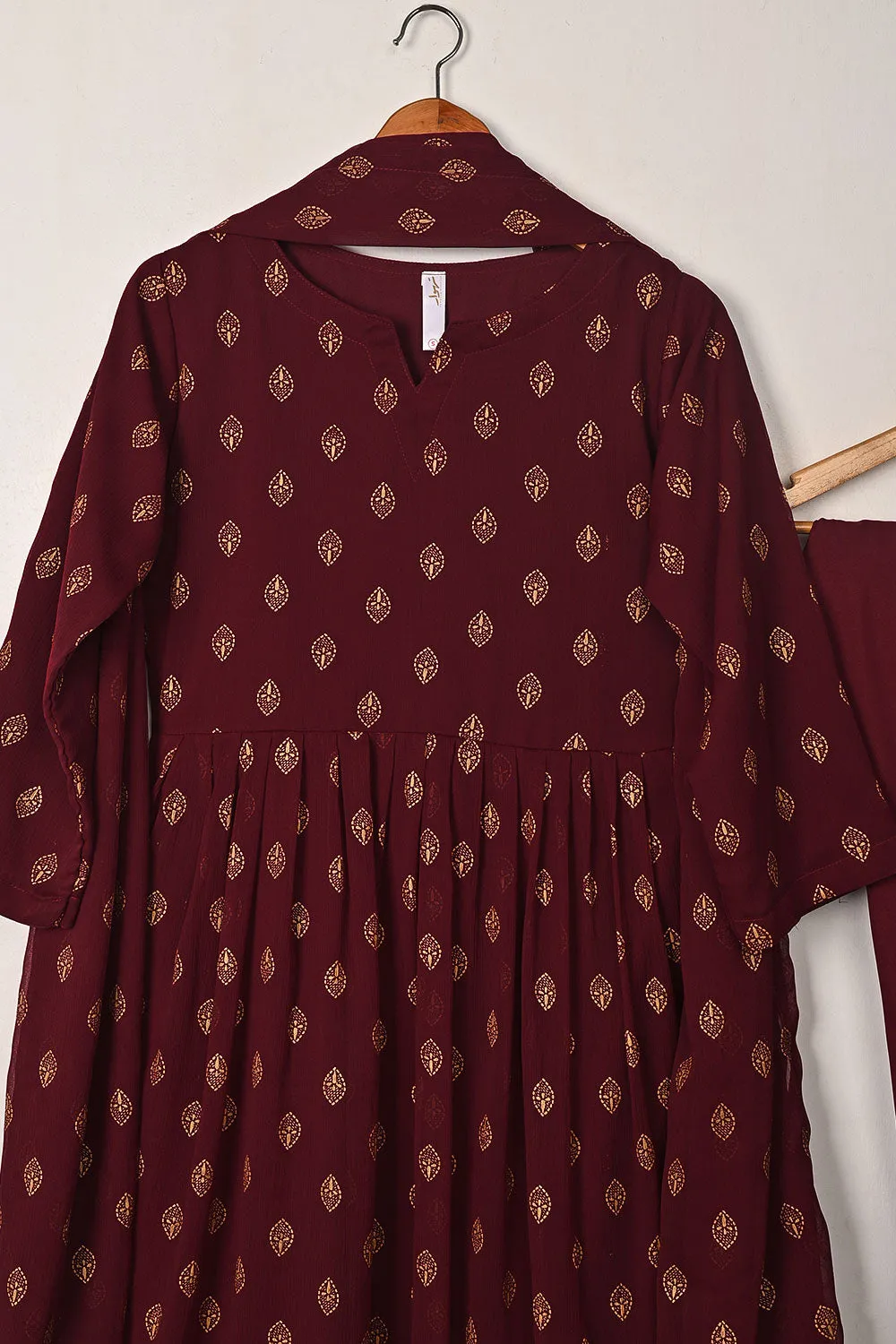 RTW-296-Maroon -  3Pc Ready to Wear Printed Chiffon Frock