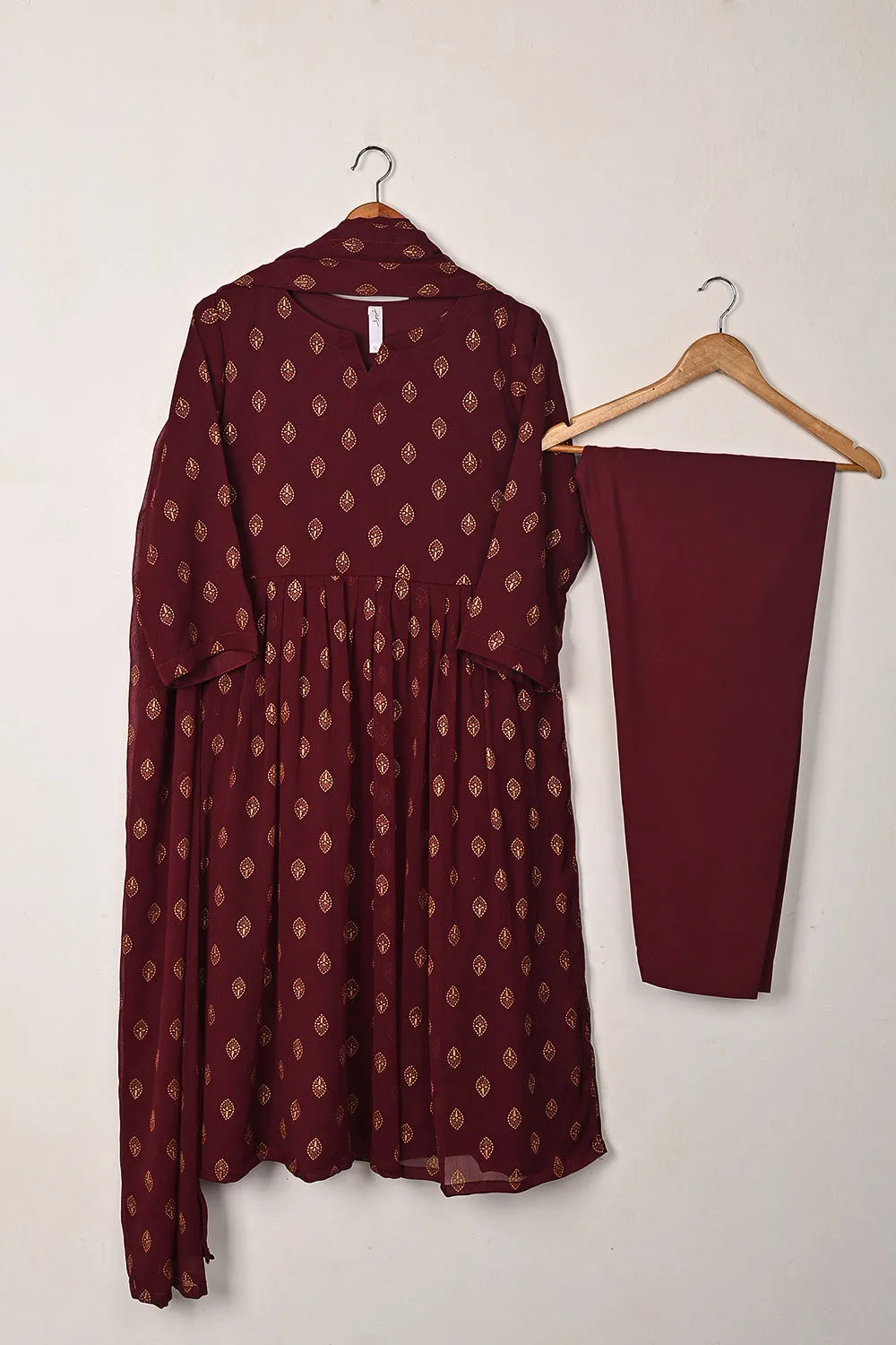 RTW-296-Maroon -  3Pc Ready to Wear Printed Chiffon Frock
