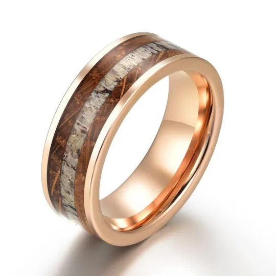 Rustic Rose Ring - Rose Tungsten Whiskey Barrel Antler Men's Wedding Band 8MM