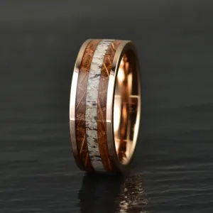 Rustic Rose Ring - Rose Tungsten Whiskey Barrel Antler Men's Wedding Band 8MM