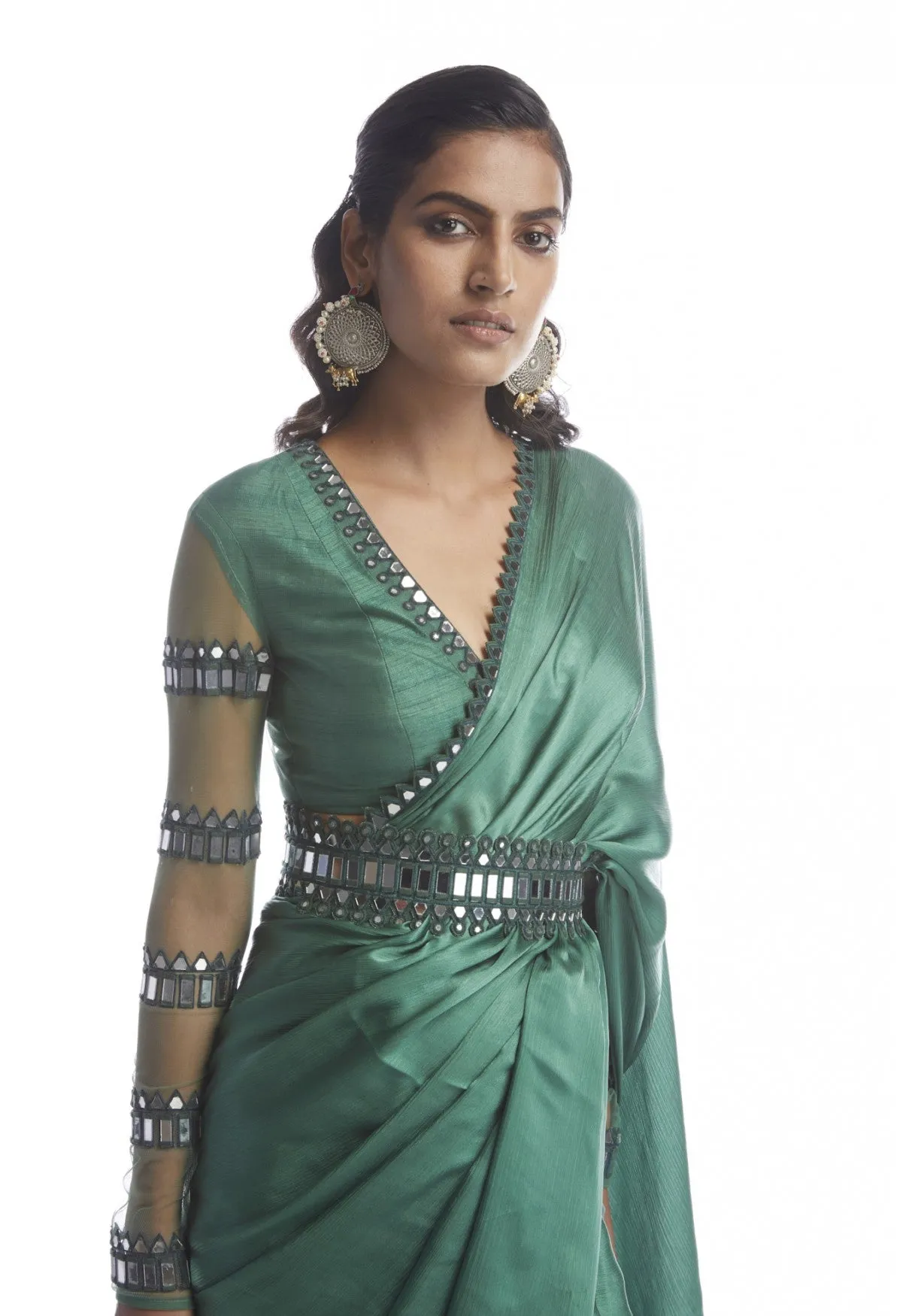 Sage Green Satin Chiffon Saree