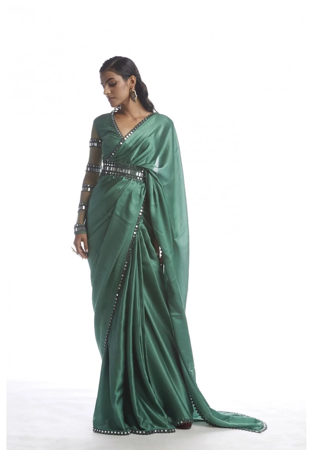 Sage Green Satin Chiffon Saree