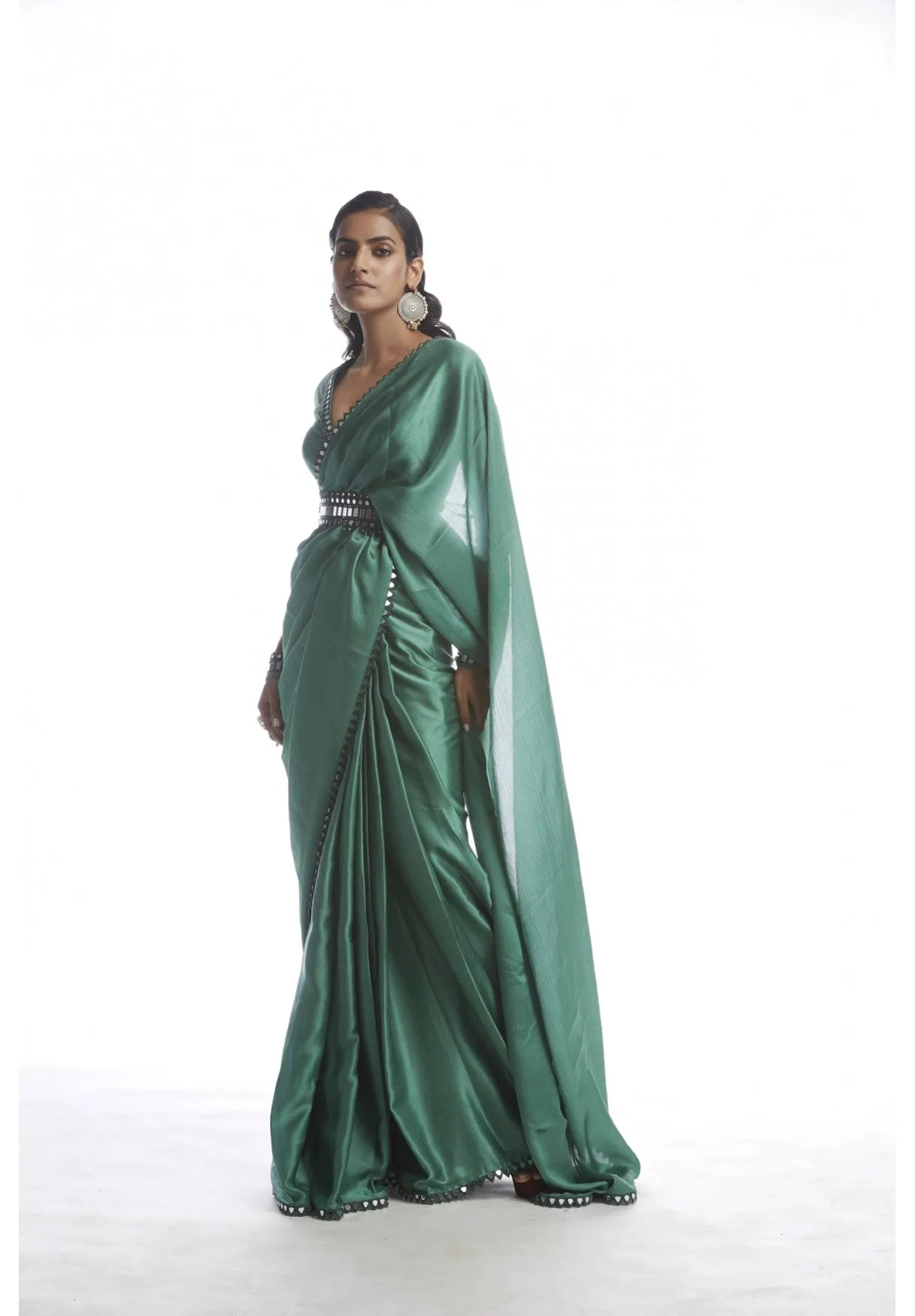 Sage Green Satin Chiffon Saree