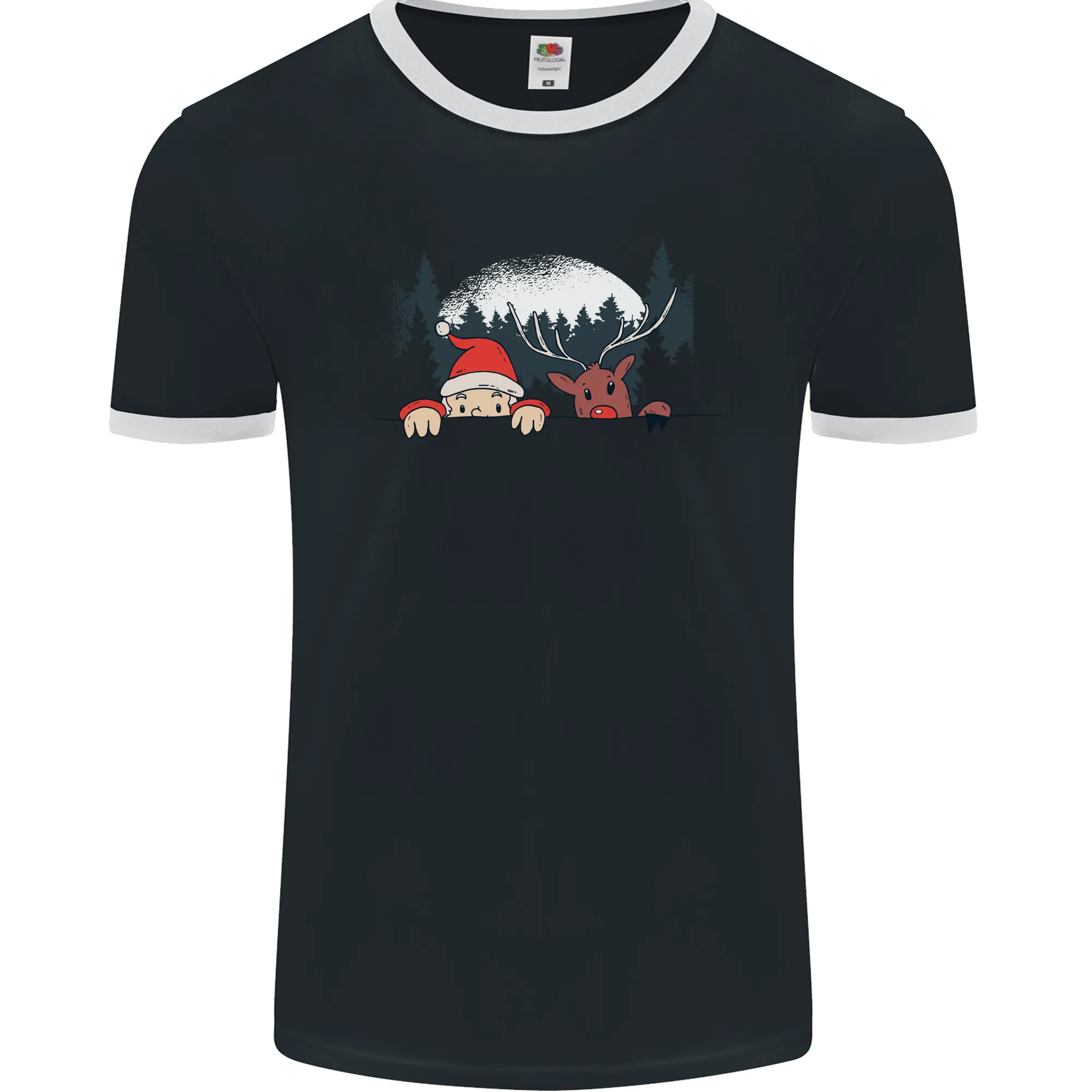 Santa & Rudolf Peeking Funny Christmas Xmas Mens Ringer T-Shirt FotL