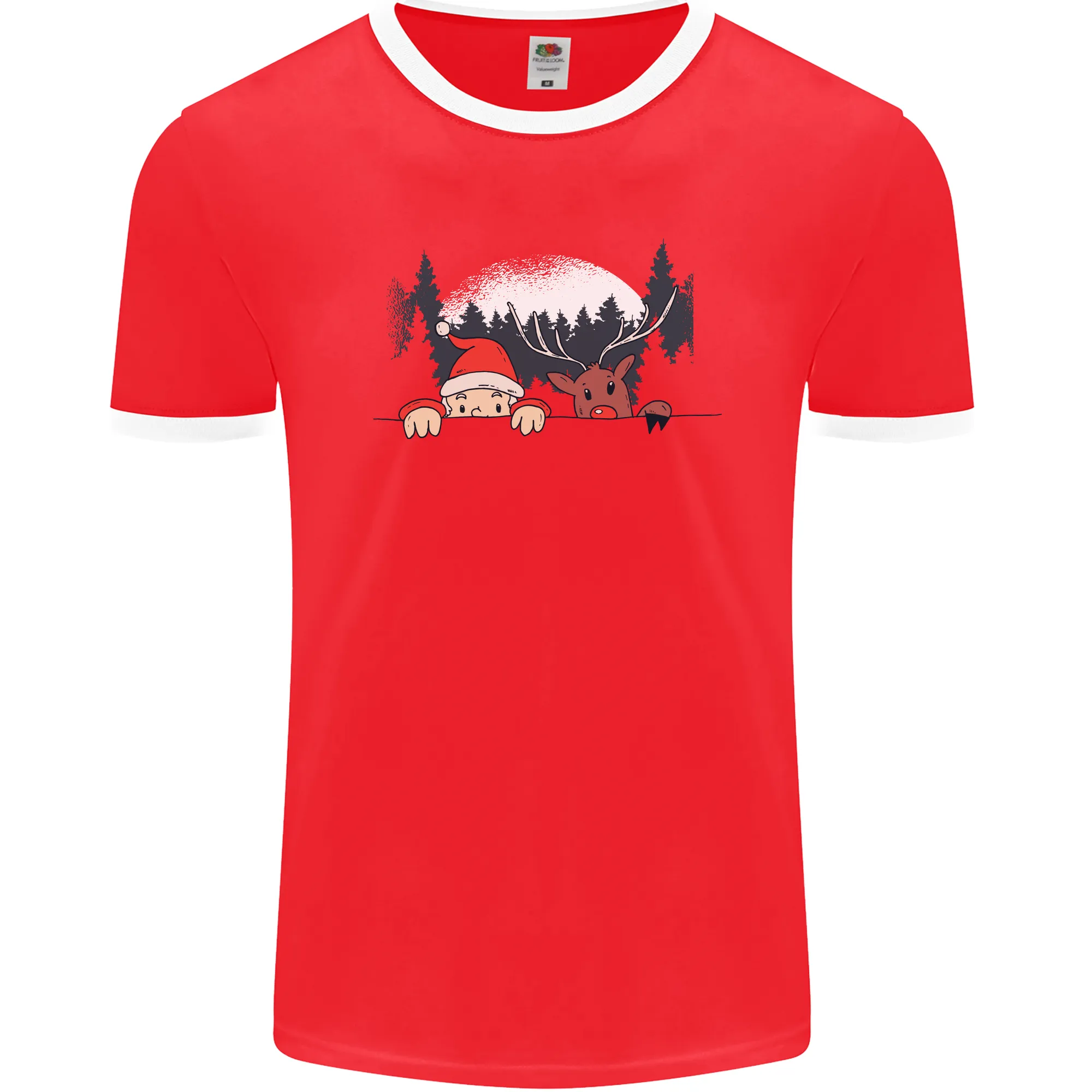 Santa & Rudolf Peeking Funny Christmas Xmas Mens Ringer T-Shirt FotL