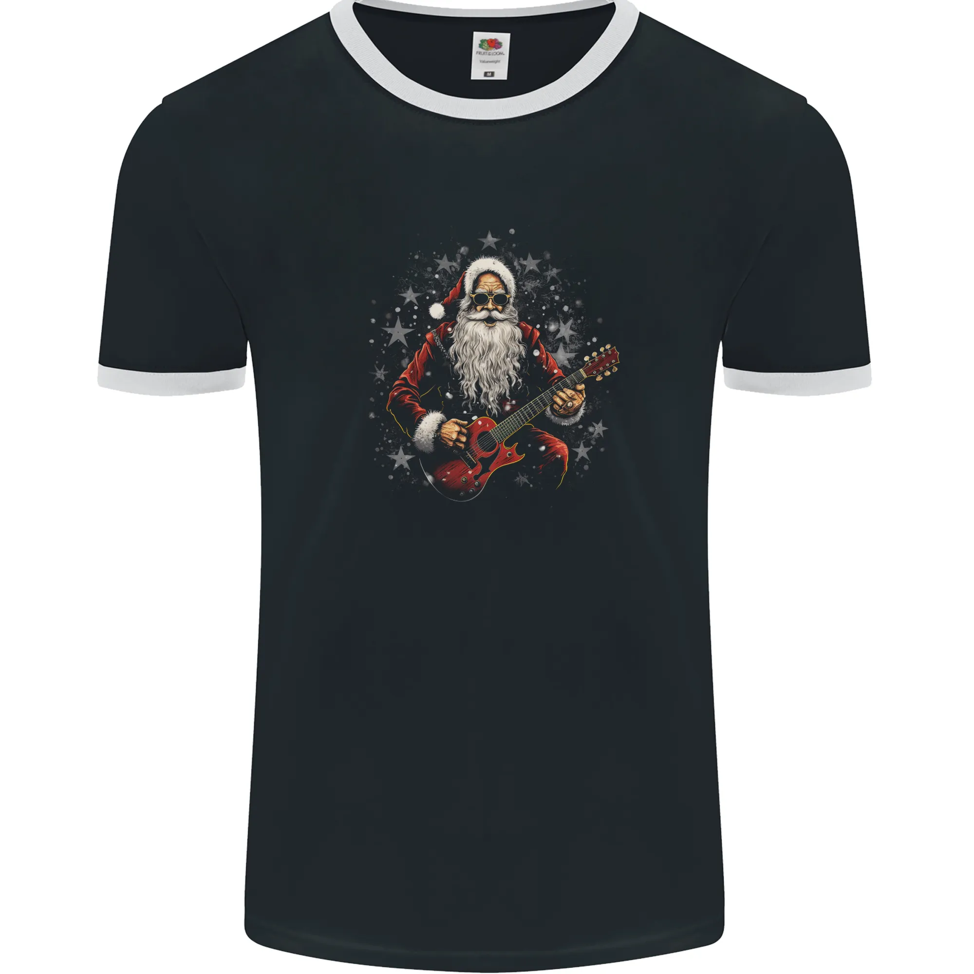 Santa Playing the Guitar Rock Music Christmas Xmas Mens Ringer T-Shirt FotL