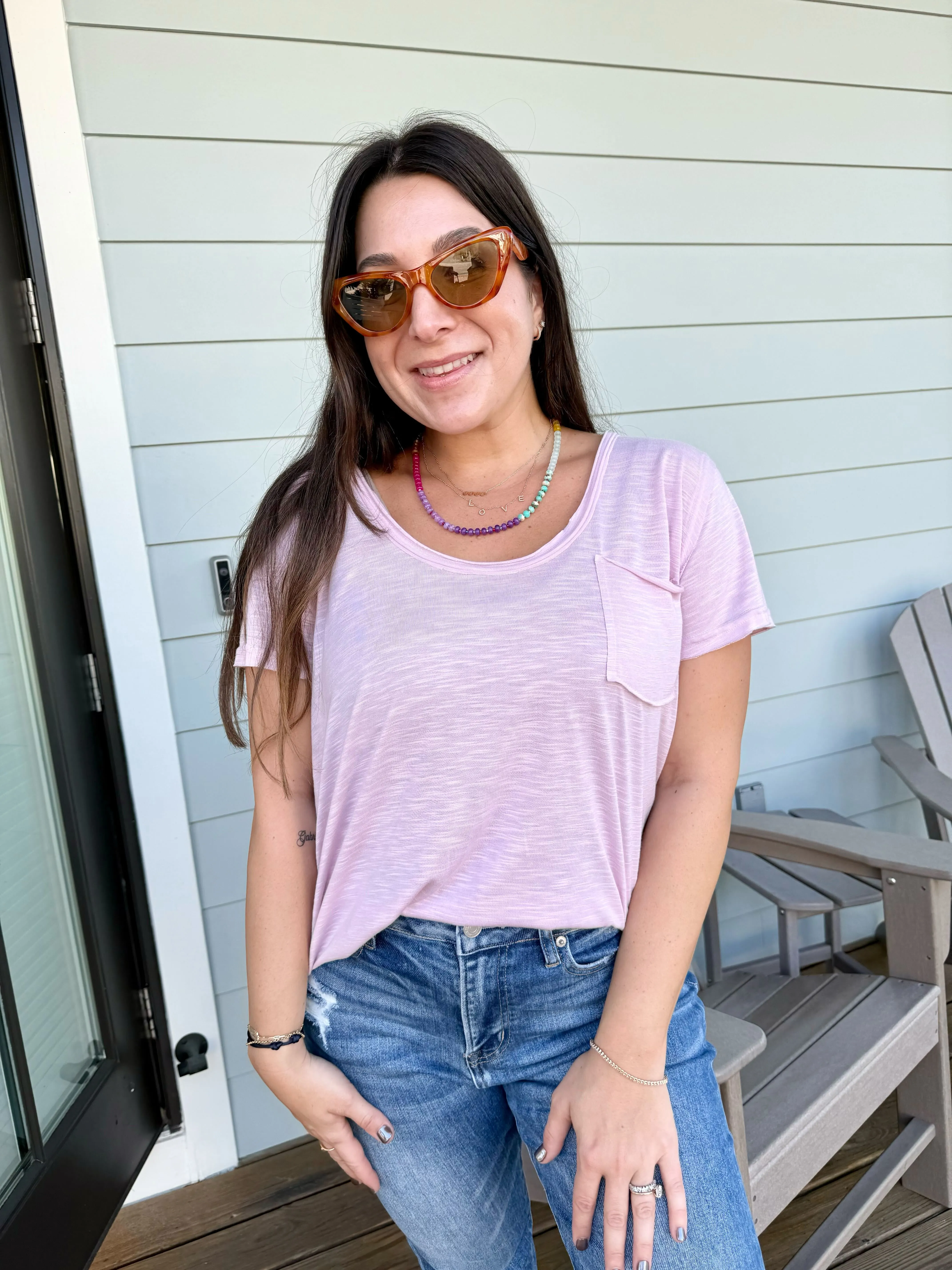 Scoop Neck Short Sleeve Pocket Tee by POL - Candy Pink
