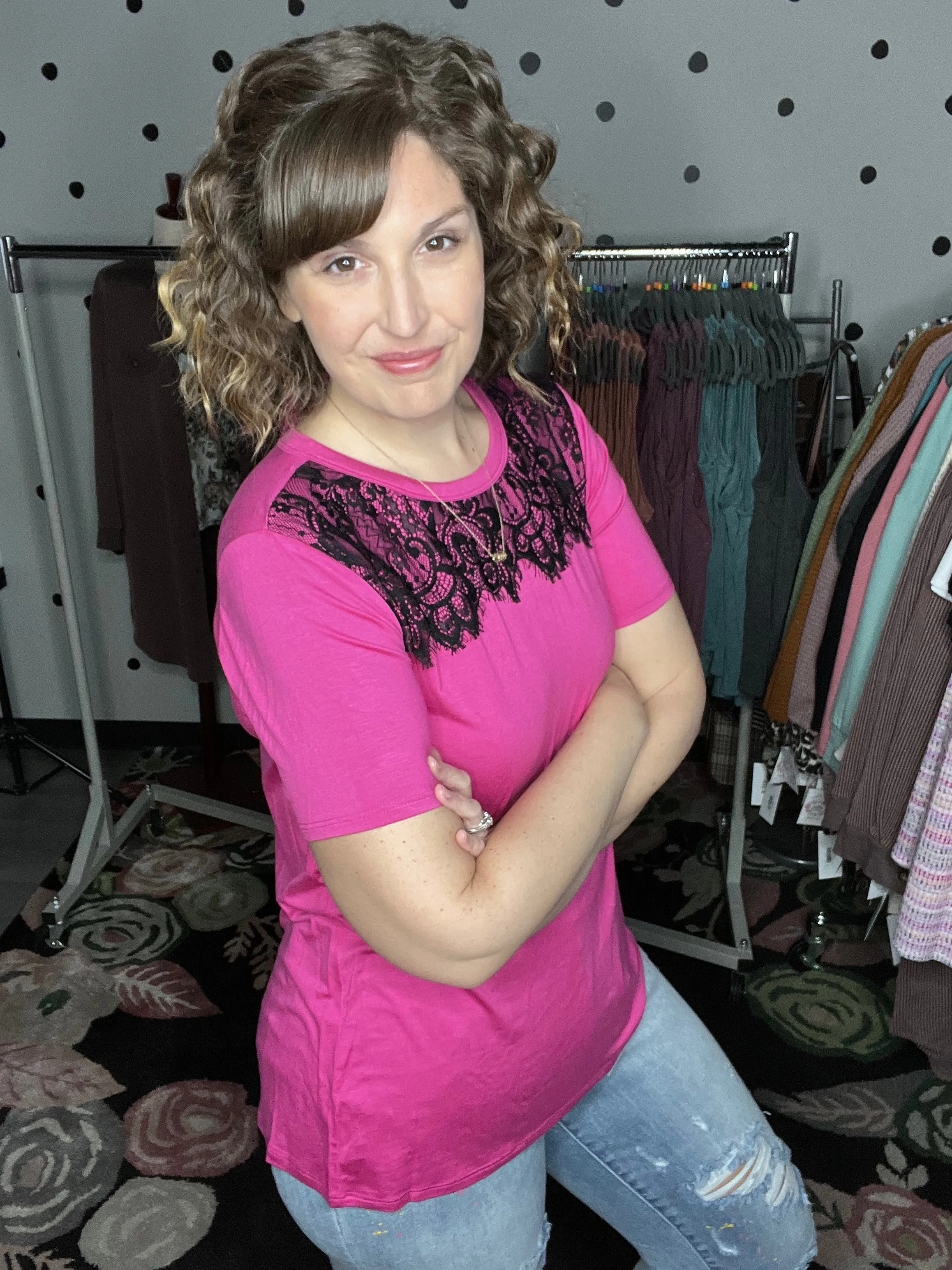 Short Sleeve Tee with Lace Neckline