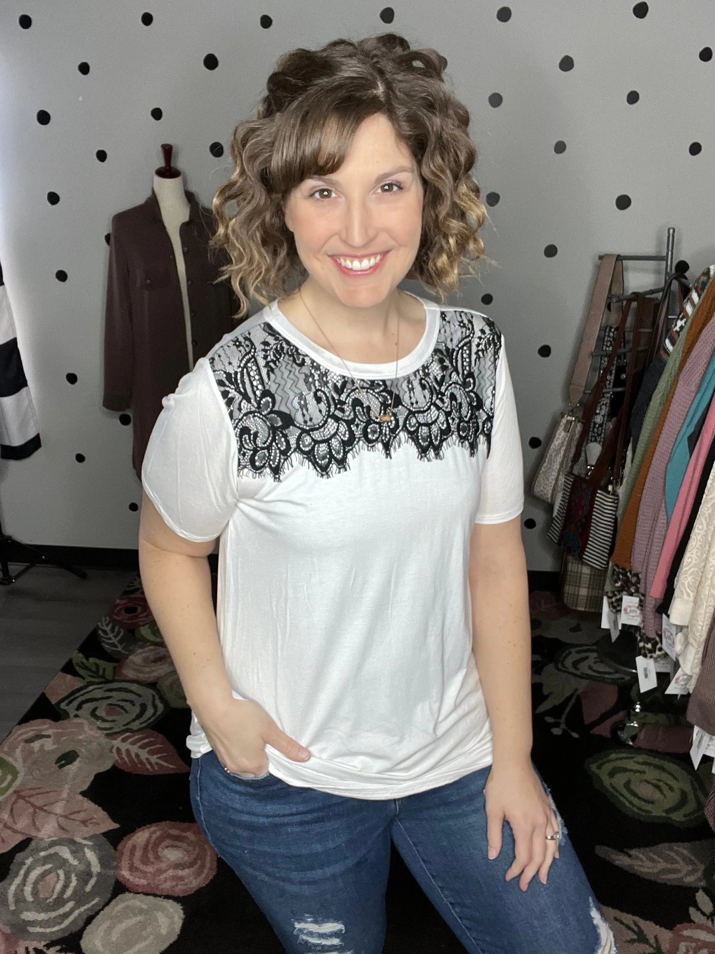 Short Sleeve Tee with Lace Neckline