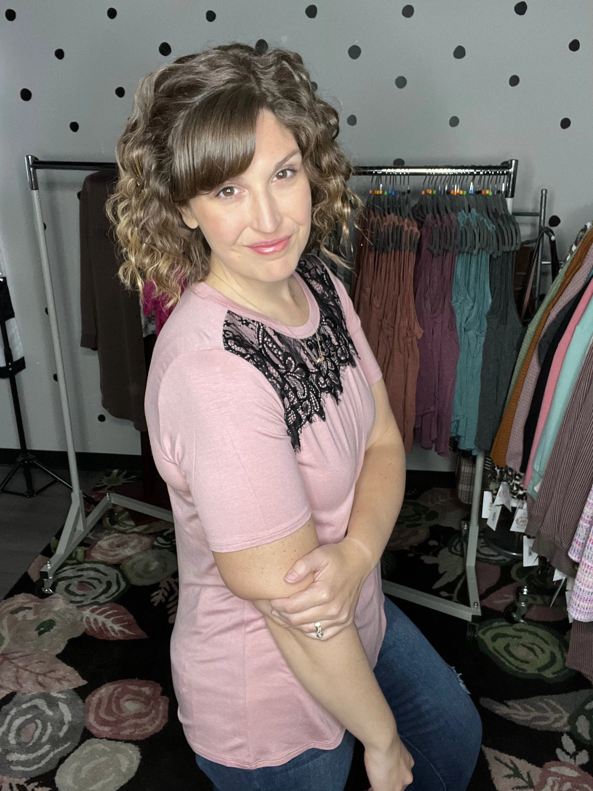 Short Sleeve Tee with Lace Neckline