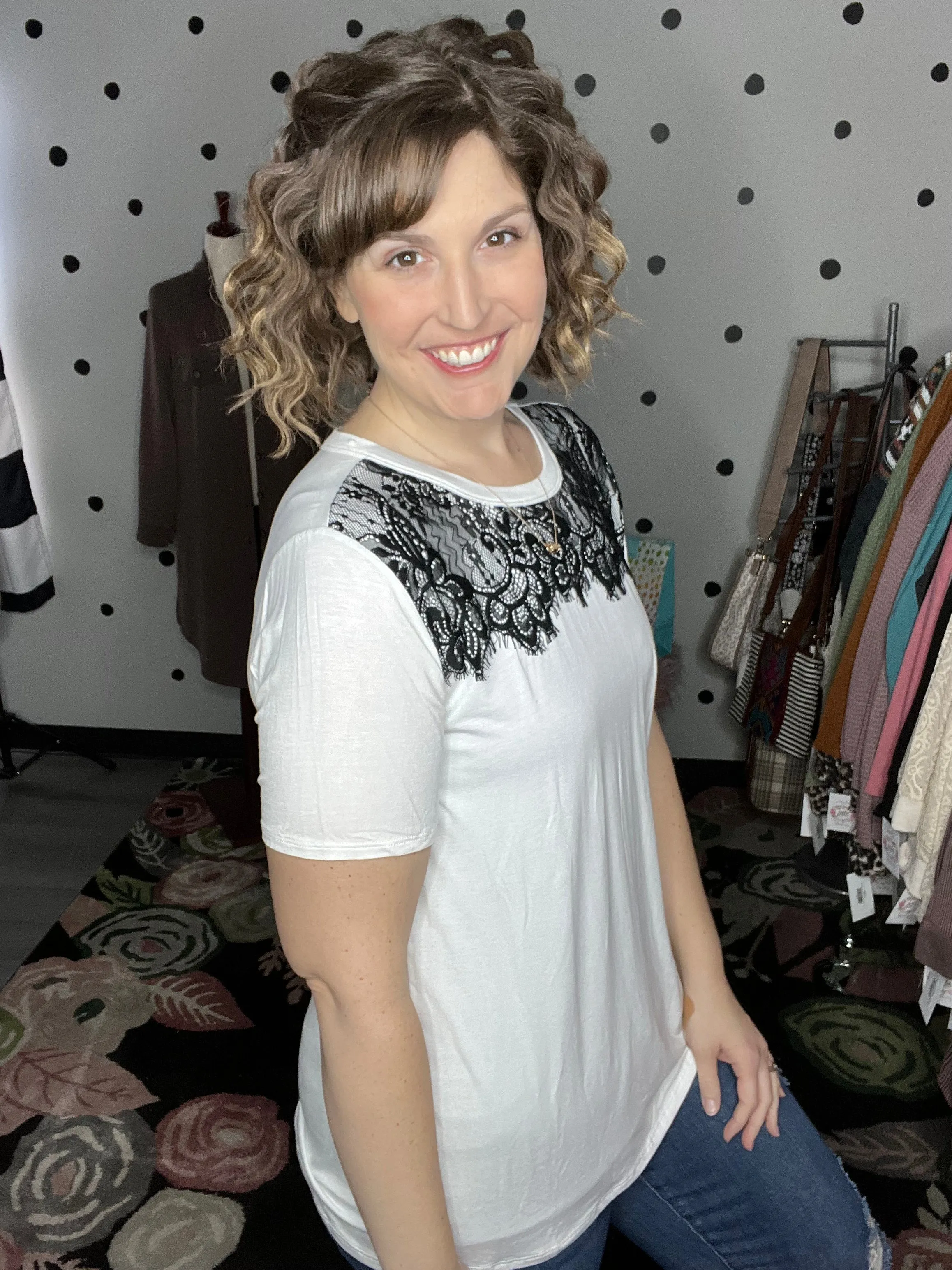 Short Sleeve Tee with Lace Neckline
