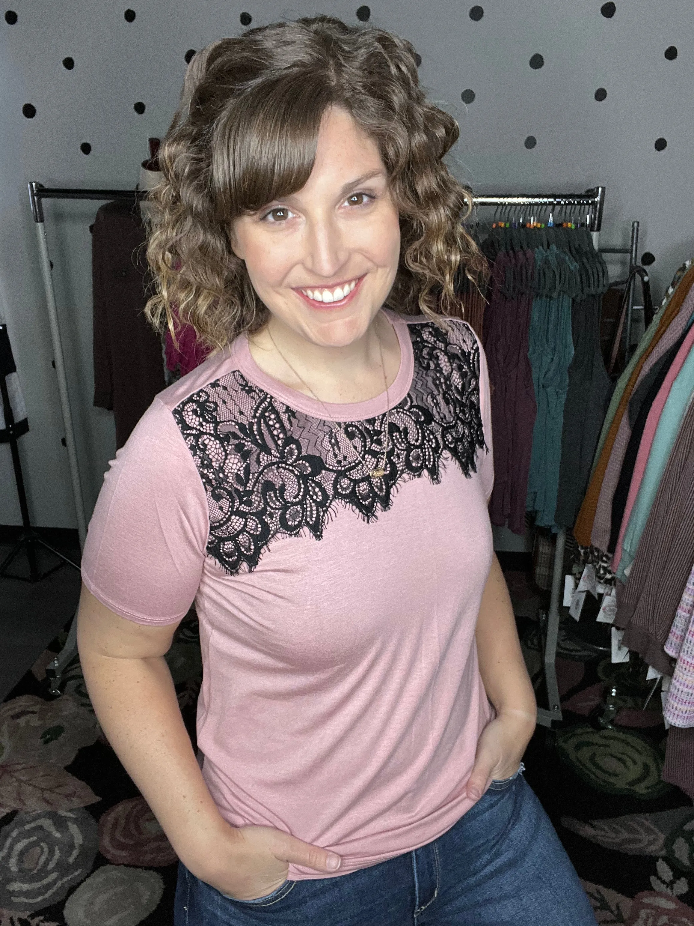 Short Sleeve Tee with Lace Neckline