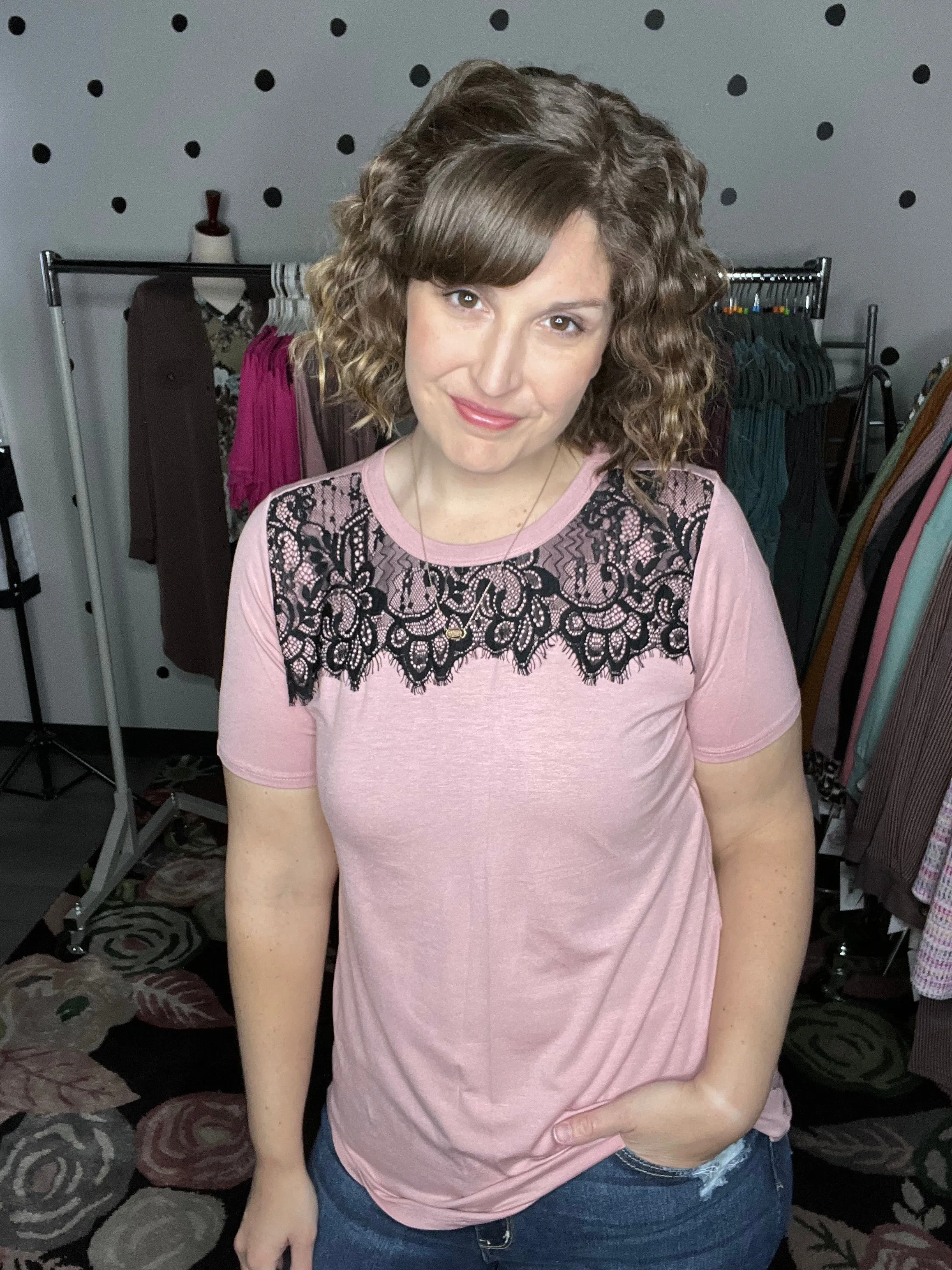 Short Sleeve Tee with Lace Neckline