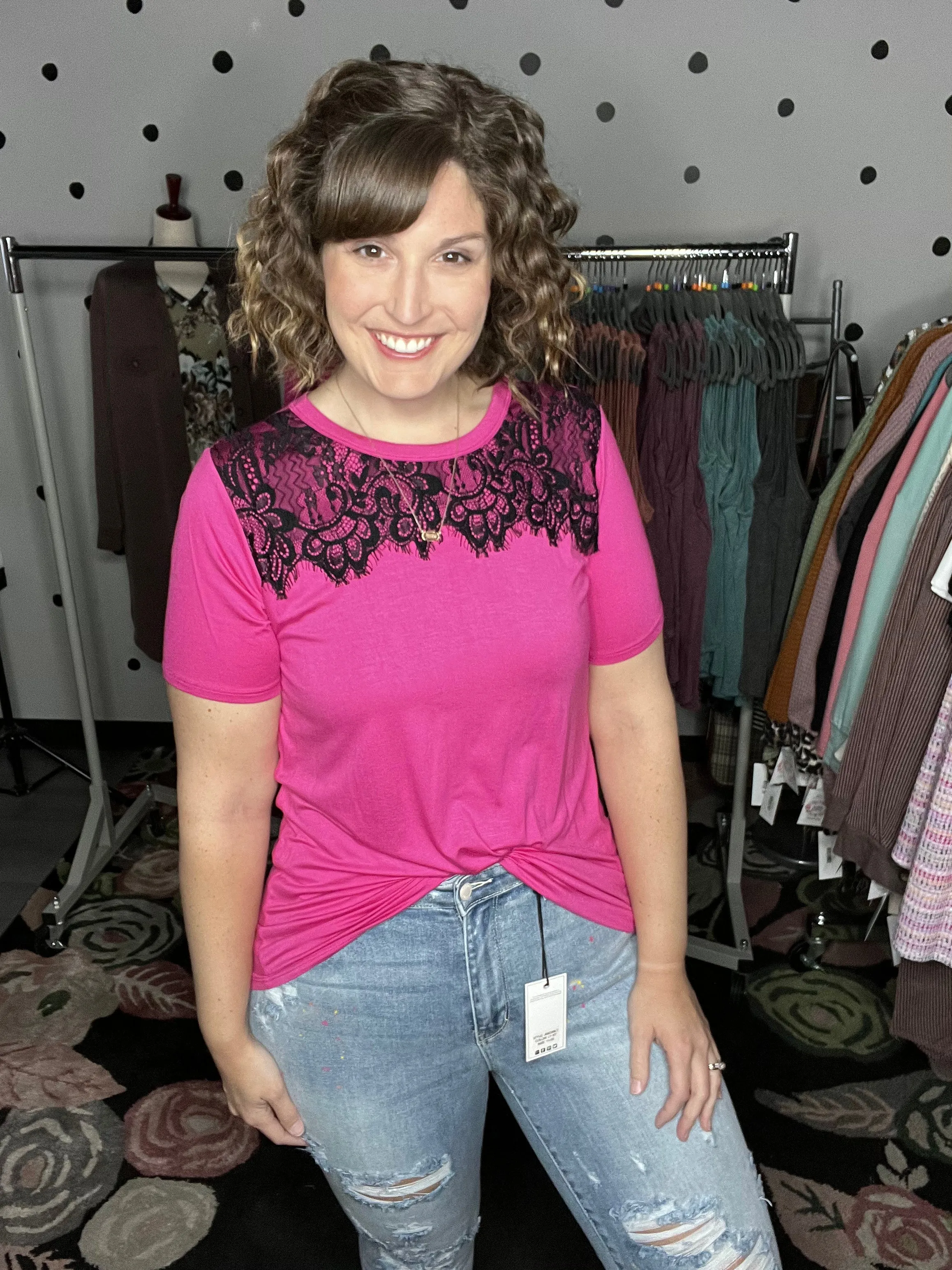 Short Sleeve Tee with Lace Neckline