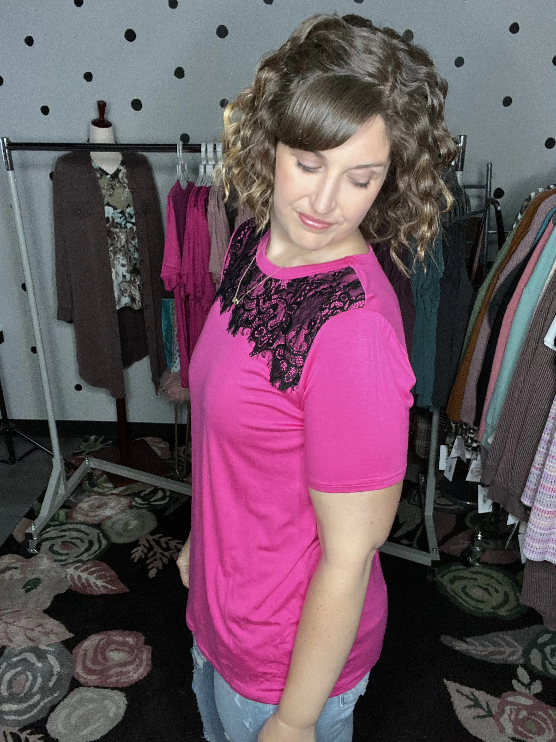Short Sleeve Tee with Lace Neckline