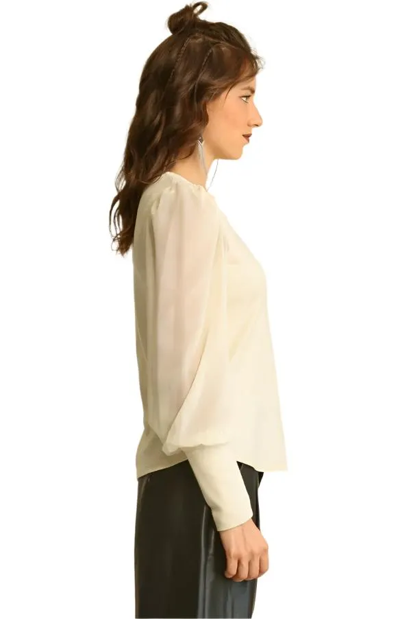 Solid Knit and Chiffon Mixed Top with Puff Long Sleeves