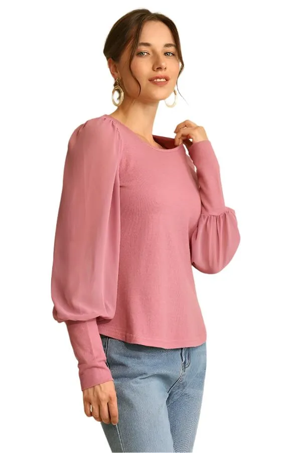 Solid Knit and Chiffon Mixed Top with Puff Long Sleeves