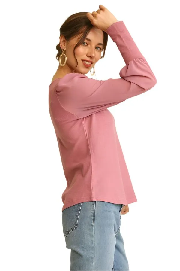 Solid Knit and Chiffon Mixed Top with Puff Long Sleeves