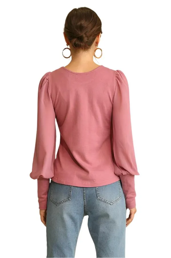 Solid Knit and Chiffon Mixed Top with Puff Long Sleeves
