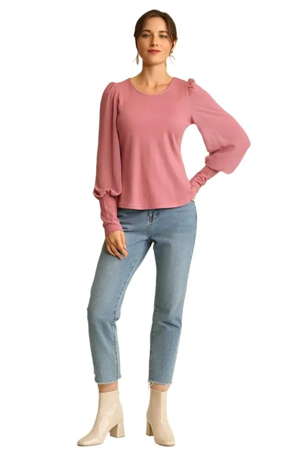 Solid Knit and Chiffon Mixed Top with Puff Long Sleeves