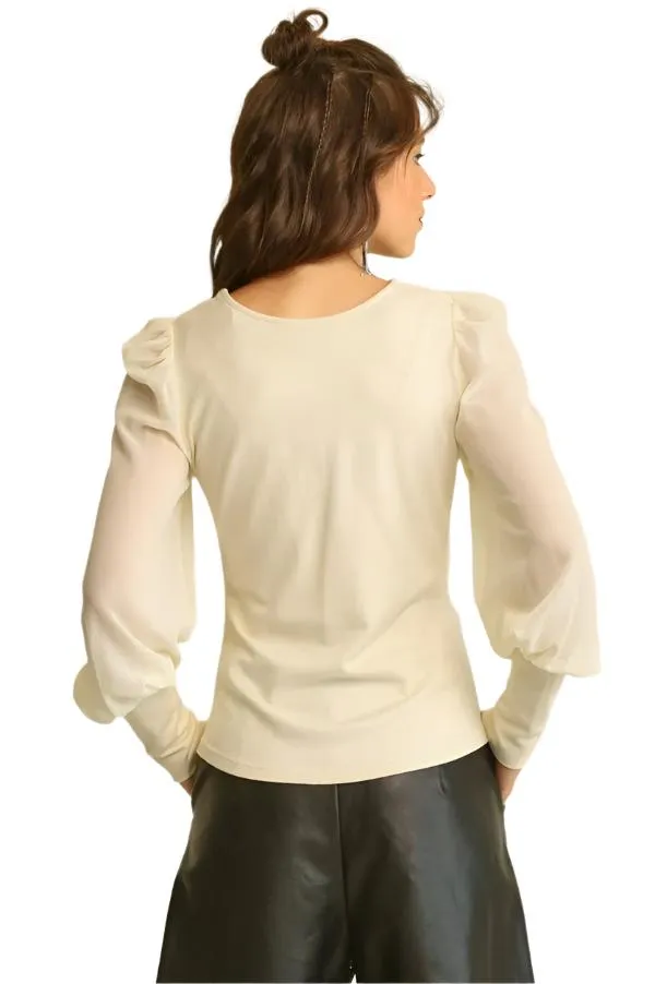 Solid Knit and Chiffon Mixed Top with Puff Long Sleeves