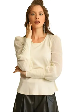 Solid Knit and Chiffon Mixed Top with Puff Long Sleeves