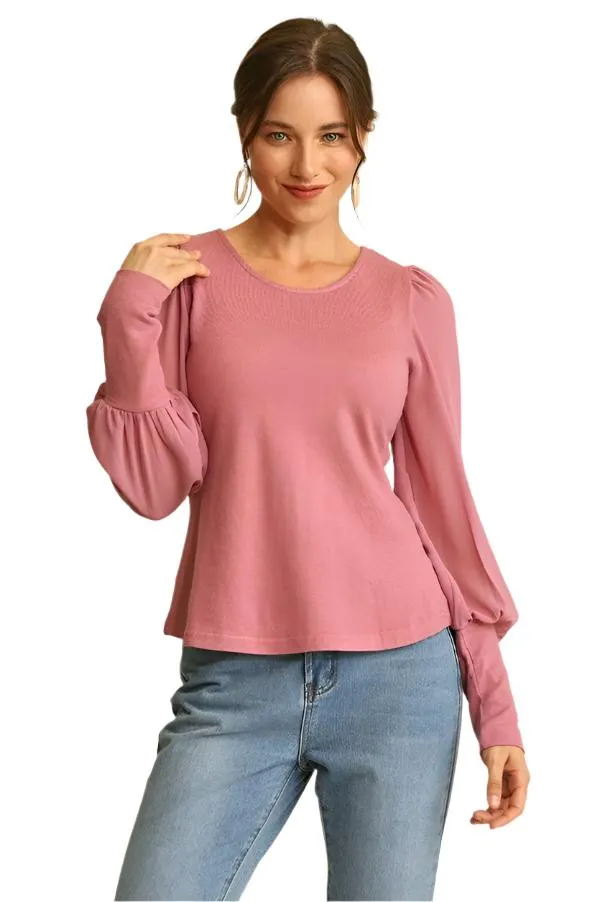 Solid Knit and Chiffon Mixed Top with Puff Long Sleeves