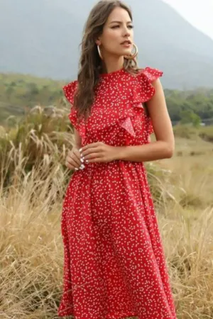 Spring Love Floral Print Ruffle Midi Red Dress