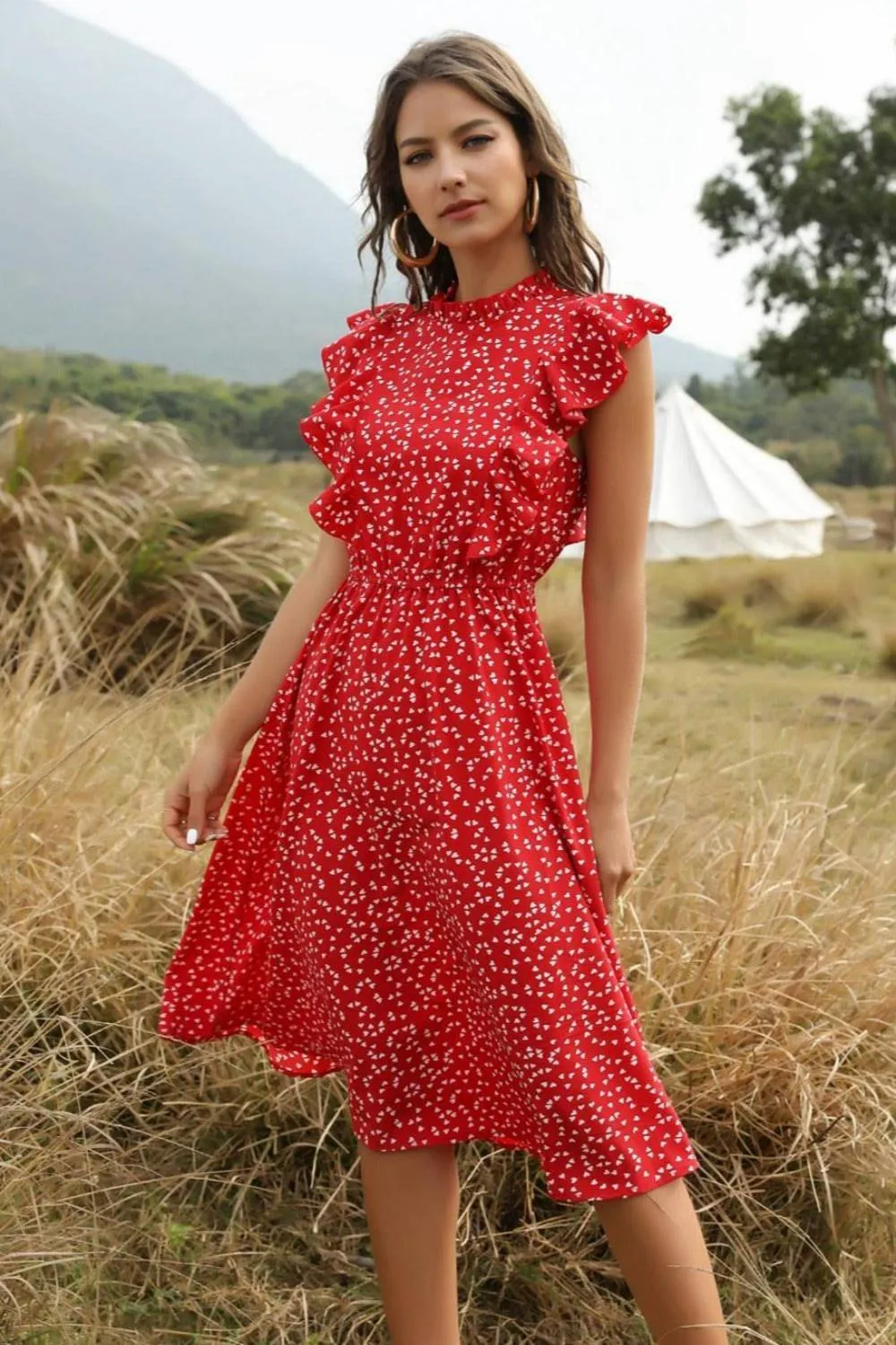 Spring Love Floral Print Ruffle Midi Red Dress