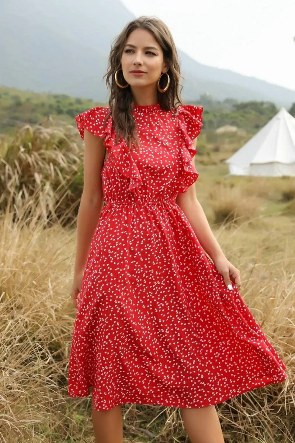 Spring Love Floral Print Ruffle Midi Red Dress