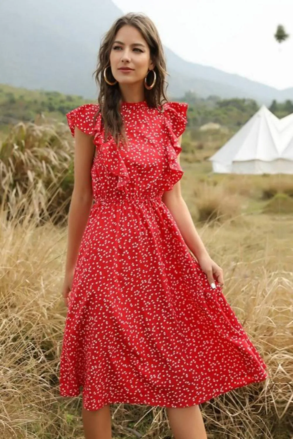 Spring Love Floral Print Ruffle Midi Red Dress