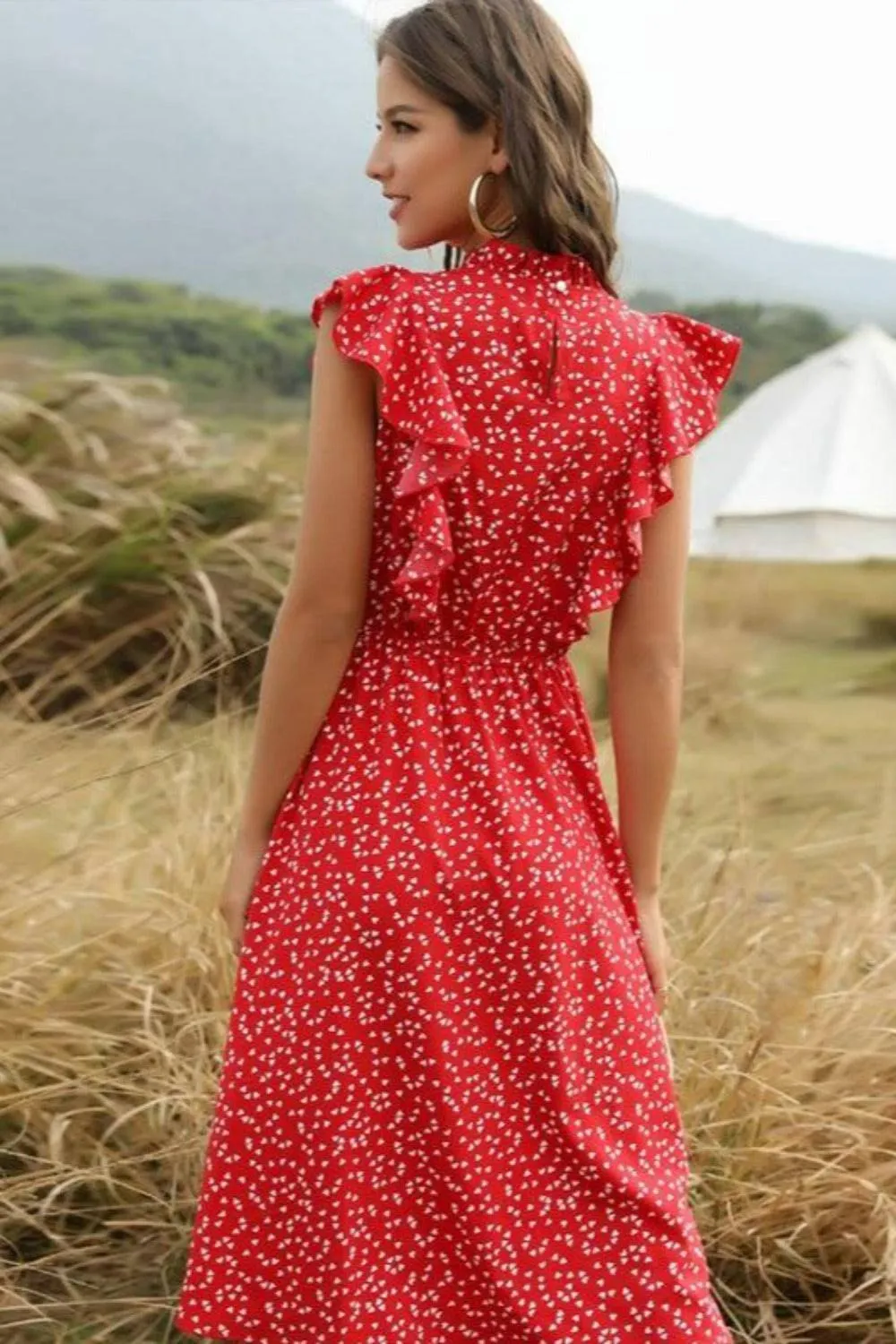 Spring Love Floral Print Ruffle Midi Red Dress