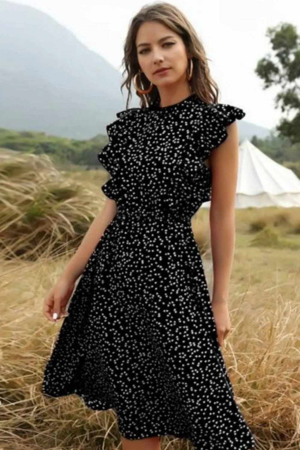 Spring Love Floral Print Ruffle Midi Red Dress