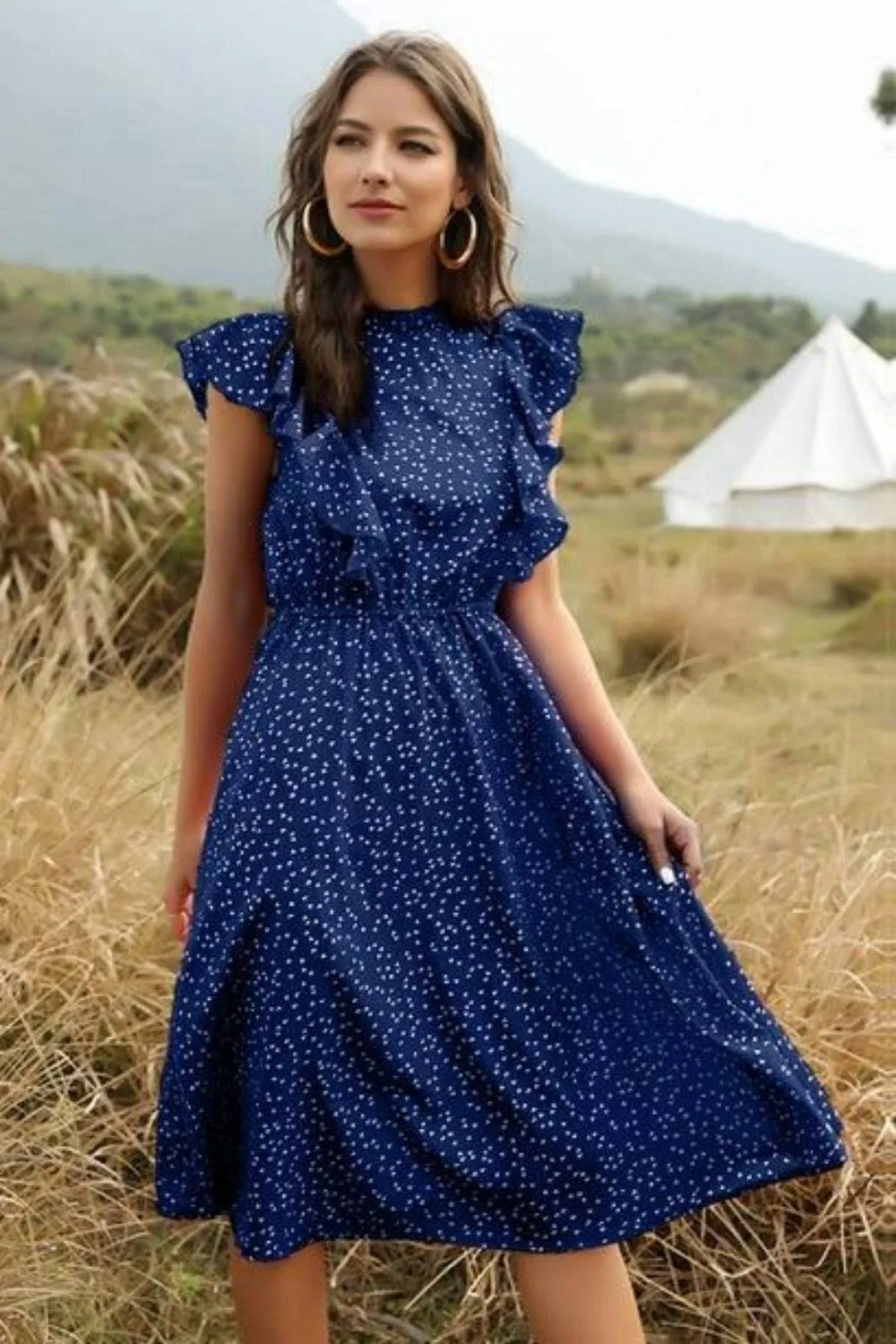 Spring Love Floral Print Ruffle Midi Red Dress