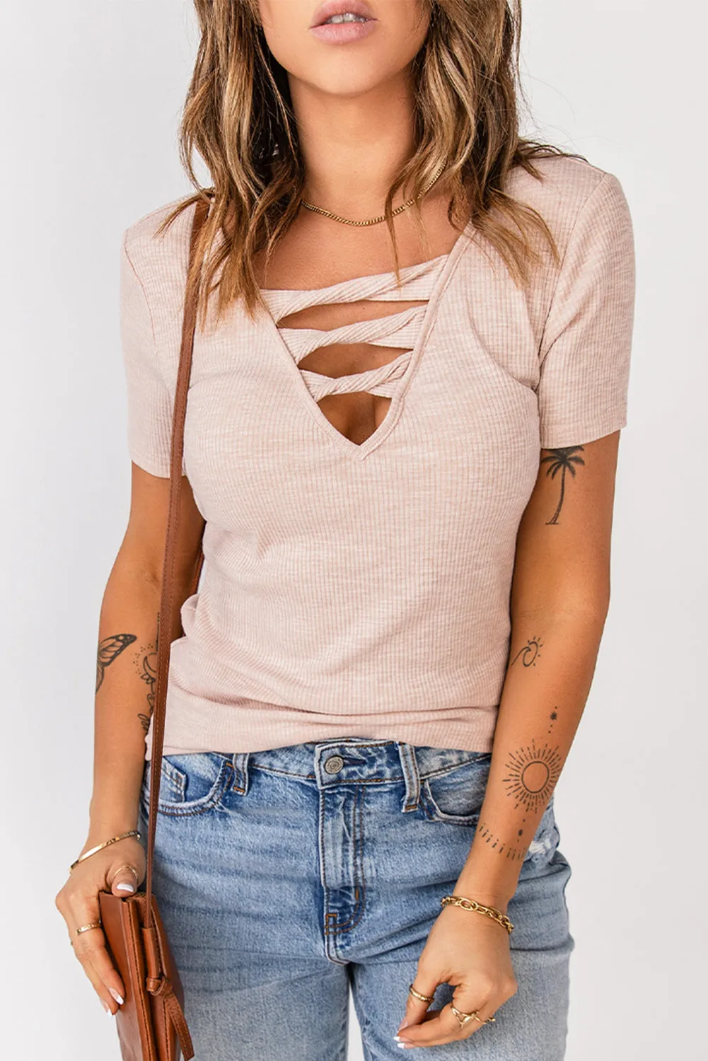 STRAPPY RIBBED KNIT TEE